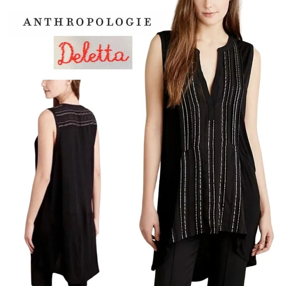 Anthropologie, Deletta, Eve Shimmering Tunic, Sleeveless, XXS, Black, Silver
